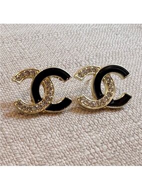 CHANEL Black and Gold CC Crystal Enamel Stud Earrings